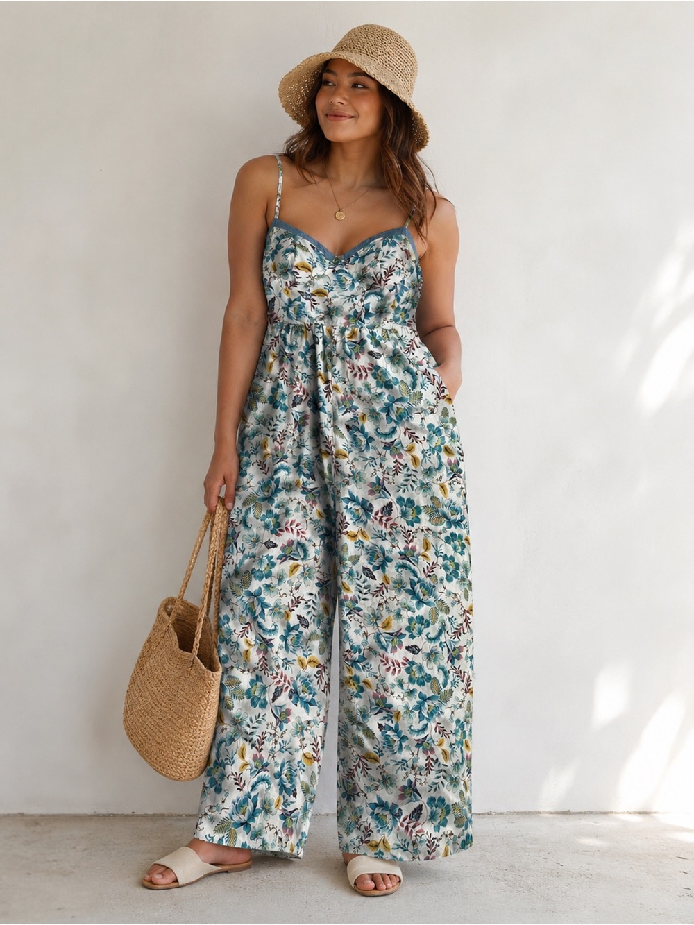 B.O.G Collective Floral Wide Leg Jumpsuit Spaghetti Strap Smocked Boho L